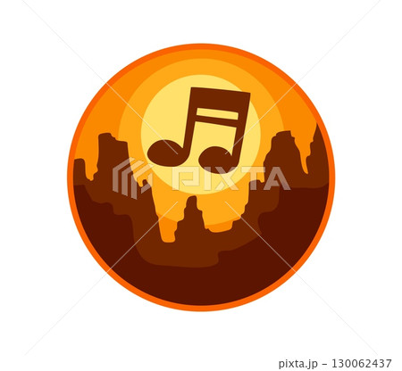 Western and Wild West Y2K groovy sticker. Western country music Y2K vector sticker, Wild West cowboy retro tag. Texas history patch with American canyon mountains silhouettes and music note symbol 130062437