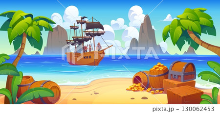 Wooden pirate ship near island of treasures, tropical beach landscape. Cartoon vector adventure scene featuring sailing ship, corsairs on board, palm trees, gold coins spilling from barrels and chest 130062453