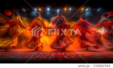 華やかな着物を着た女性たちの舞台パフォーマンス 華やかな着物を着た女性たちの舞台パフォーマンス 130062509