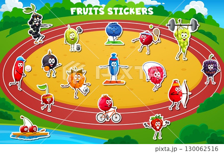 Cartoon fruit characters on fitness sport stickers pack. Vector fruits and berries athletes with funny faces workout, lifting weights running, cycling, boxing, archery, doing yoga and gym exercises 130062516