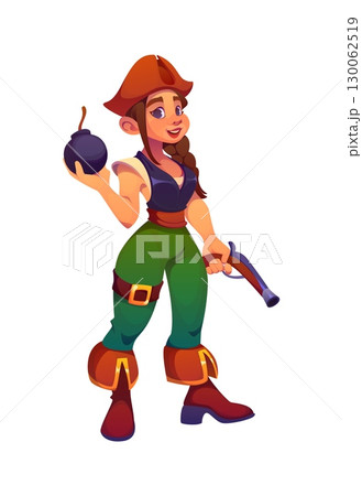 Cartoon medieval pirate and corsair girl character holding a bomb in one hand and a flintlock pistol in the other. Vector adventurous sea rover personage in green pants and tricorn hat exudes boldness 130062519