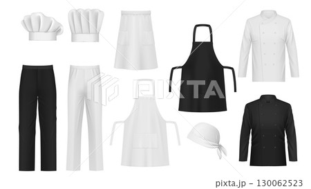 Realistic chef wear and toque hats, vector 3d cook uniform. Black and white restaurant chef kitchen aprons, jacket and pants suits, hats and bandana. Restaurant staff wear, baker and butcher uniform Realistic chef wear and toque hats, vector 3d cook uniform. Black and white restaurant chef kitchen aprons, jacket and pants suits, hats and bandana. Restaurant staff wear, baker and butcher uniform 130062523