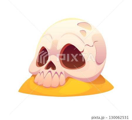Cartoon human skull resting on a yellow sand mound, with exaggerated eye sockets and smooth shading. Isolated vector cranium, pirate treasure island icon evokes themes of danger, mystery and adventure Cartoon human skull resting on a yellow sand mound, with exaggerated eye sockets and smooth shading. Isolated vector cranium, pirate treasure island icon evokes themes of danger, mystery and adventure 130062531