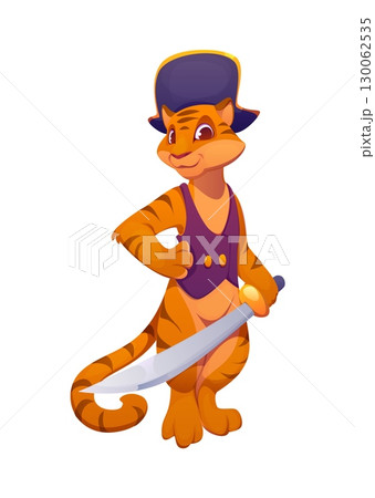 Cartoon tiger animal pirate character. Isolated vector confident corsair personage standing proudly with a sword in hand, wearing a purple vest and captain hat, evokes adventure and heroic spirit 130062535