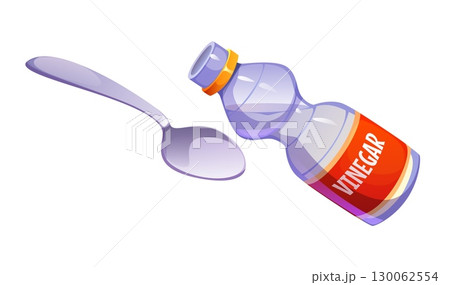 Cartoon plastic vinegar bottle with red label and open cap tilted over shiny silver spoon representing cooking process and food preparation. Vector kitchen utensil and condiment ingredient 130062554