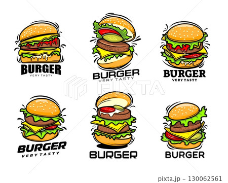 Fast food hamburger and burger icons with vector sandwiches of american fastfood restaurant or cafe. Fast food cheeseburger and hamburger labels of delicious burger buns, beef, cheese and salad Fast food hamburger and burger icons with vector sandwiches of american fastfood restaurant or cafe. Fast food cheeseburger and hamburger labels of delicious burger buns, beef, cheese and salad 130062561