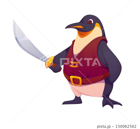 Cartoon penguin pirate corsair animal character. Isolated vector bird filibuster or rover personage wearing a red vest with a gold belt and holding a gleaming cutlass in its hand, ready for adventures Cartoon penguin pirate corsair animal character. Isolated vector bird filibuster or rover personage wearing a red vest with a gold belt and holding a gleaming cutlass in its hand, ready for adventures 130062562