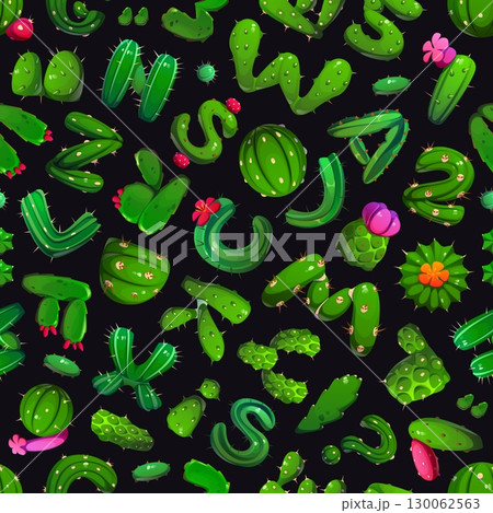 Cactus font, green succulent letters seamless pattern featuring cacti shaped abc symbols in green shades with thorns and flowers. Cartoon vector desert themed tile background with playful typography 130062563