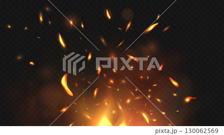 Realistic campfire, fire flame sparks and ember of bonfire vector background. Realistic 3d burning campfire, fire flames with bright yellow light, smoke and glowing red sparks, orange ember and bokeh 130062569
