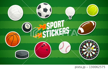 Sport game balls stickers pack on soccer green field vector background. Cartoon sport balls of baseball, basketball, football and golf, tennis, rugby, bowling and billiards games isolated stickers set Sport game balls stickers pack on soccer green field vector background. Cartoon sport balls of baseball, basketball, football and golf, tennis, rugby, bowling and billiards games isolated stickers set 130062575