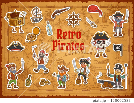 Stickers pack of groovy pirate and corsair characters and cartoon adventure piracy elements on vintage treasure map background. Vector retro weapons, treasure chest, rum, ship wheel, compass, cannon 130062582