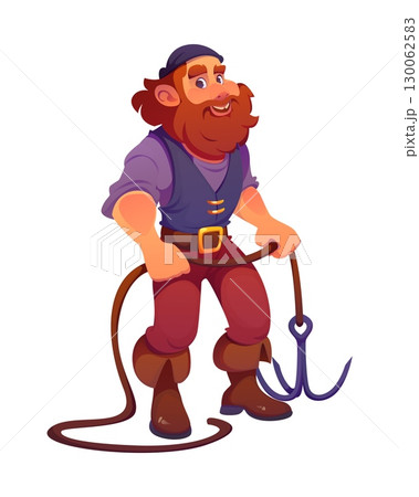 Pirate ship crew character, cartoon cheerful corsair sailor with a beard brandishes grappling hook ready for adventure on the high seas. Isolated vector swashbuckling, adventurous buccaneer in bandana 130062583