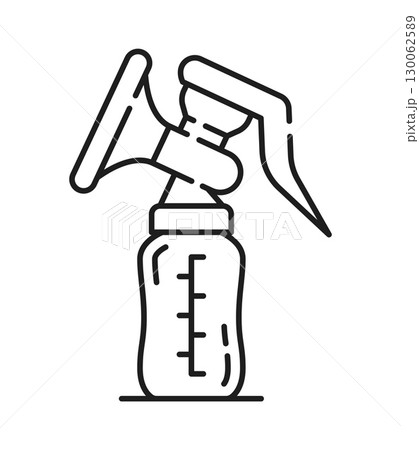 Infant breastfeeding breast milk pump line icon or pictogram. Motherhood lineart vector sign, woman lactation outline icon. Breastfeeding breast milk pump and bottle thin line symbol or pictogram 130062589