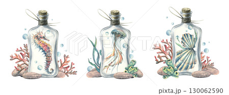 Clip art of bottles, seahorse, jellyfish, shells and corals in marine style, hand drawn watercolor illustrations for digital design, invitations, crafts, scrapbooking and nautical decorations. 130062590