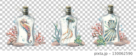 Clip art of bottles, seahorse, jellyfish, shells and corals in marine style, hand drawn watercolor illustrations for digital design, invitations, crafts, scrapbooking and nautical decorations. 130062590