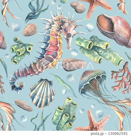 Seamless pattern with seashells, jellyfish seaweed and seahorse in soft blue tones, hand-painted watercolor illustration for packaging, wallpaper, fabric and summer decor. Seamless pattern with seashells, jellyfish seaweed and seahorse in soft blue tones, hand-painted watercolor illustration for packaging, wallpaper, fabric and summer decor. 130062591