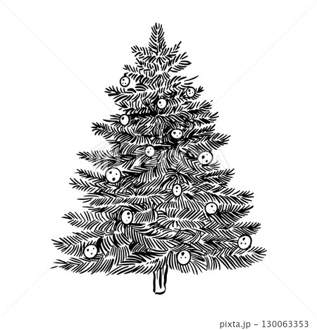 Christmas tree vector outline illustration. Vintage illustration. Retro style Christmas tree. Graphic black and white monochrome illustration isolated on white background. Vector illustration 130063353