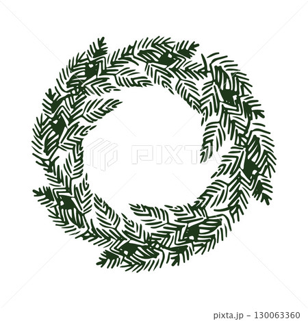 Christmas wreath of fir branches illustration. Round frame of coniferous branches. Monochrome outline vector drawing in green color. Graphic illustration for New Year design, weddings, labels, cards 130063360
