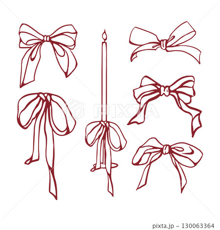 Set of red bows and candle in vintage style. Outline bows and candle in candelabrum. Elegant red elements design. Whimsical Ribbons and Bows. Set for Christmas, Wedding, Birthday. Vector illustration 130063364