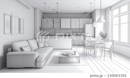 Wireframe rendering of a modern open-plan living room with kitchen and dining area 130063391