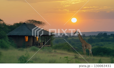 Giraffe standing near a safari lodge at sunset. African wildlife and adventure. 130063431