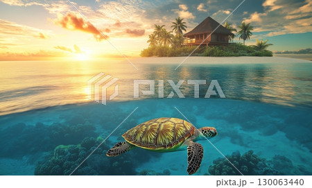 Tropical island beach view with a house and turtle swimming in clear waters near at sunset 130063440
