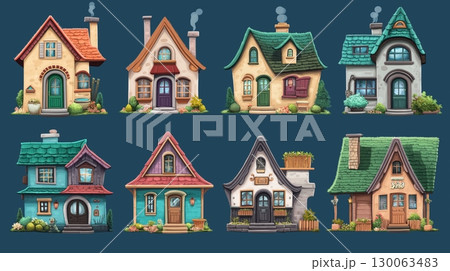 Charming collection of whimsical houses with unique designs set against a vivid blue background 130063483