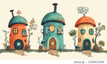 Charming whimsical cottages lined up under a pastel sky in a magical village 130063484