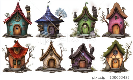 Colorful whimsical cottages in a charming village unique designs and playful architecture 130063485