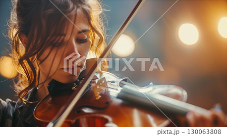 A focused young woman passionately playing the violin under soft stage lights. 130063808