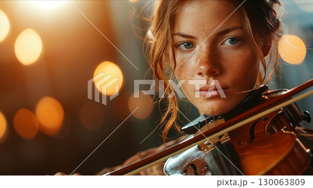 A focused young woman playing the violin in a softly lit environment, capturing the essence of passion for music. 130063809