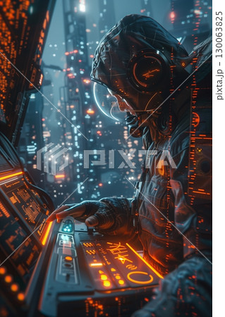 A futuristic astronaut operates advanced technology in a neon-lit urban environment, illustrating innovation in space. 130063825