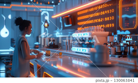 A futuristic bar scene featuring a woman enjoying a drink amidst vibrant neon lights and digital displays. 130063841