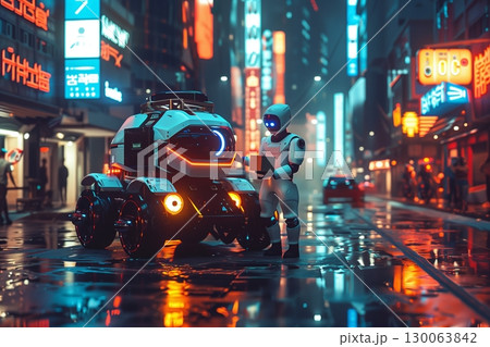 A futuristic city scene featuring a robot and an autonomous vehicle amidst neon lights and rain-soaked streets. 130063842