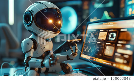A futuristic robot analyzing data on a computer screen in a high-tech environment, showcasing innovation and creativity. 130063848