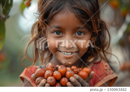 A joyful child smiling while holding a handful of fresh fruits, surrounded by greenery, symbolizing happiness and nature. 130063882