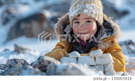 A joyful child enjoying winter fun while building a snow fort in a snowy landscape. 130063918