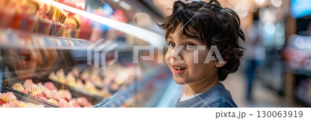 A joyful child excitedly gazing at a selection of colorful desserts in a vibrant treat shop. 130063919