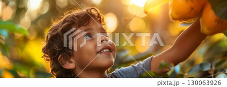 A joyful child picking fruit in a vibrant garden, showcasing the beauty of nature and the innocence of youth. 130063926