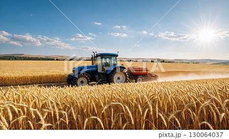 輝く黄金色の小麦畑と現代農業 130064037