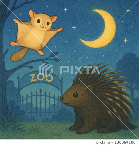 三日月の夜の動物園のムササビとタテガミヤマアラシ 130064106