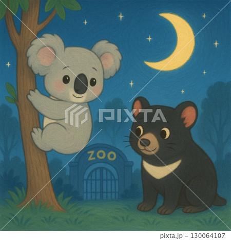 三日月の夜の動物園のコアラとタスマニアデビル 130064107
