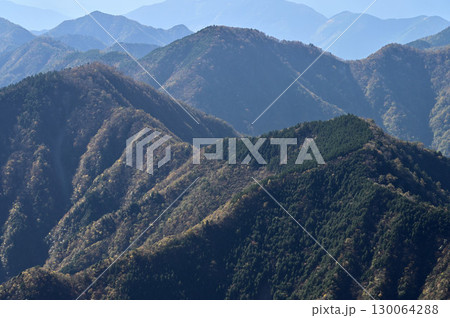 天子山地の毛無山からの展望　天子山地の山並　雪見岳と金山 130064288