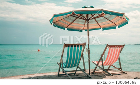 Scenic tropical beach with two colorful striped deck chairs under a large parasol Scenic tropical beach with two colorful striped deck chairs under a large parasol 130064368