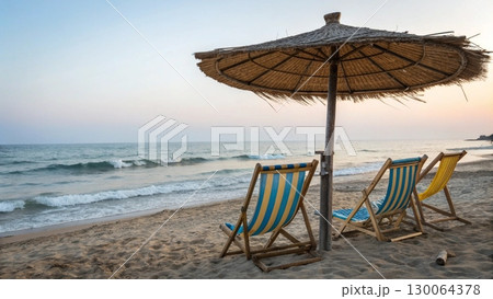 Scenic tropical beach with two colorful striped deck chairs under a large parasol 130064378