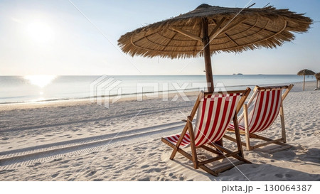 Scenic tropical beach with two colorful striped deck chairs under a large parasol Scenic tropical beach with two colorful striped deck chairs under a large parasol 130064387