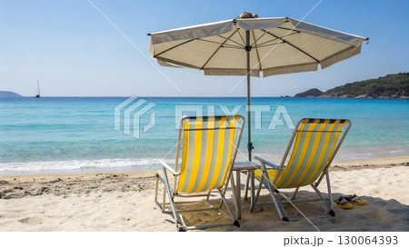 Scenic tropical beach with two colorful striped deck chairs under a large parasol Scenic tropical beach with two colorful striped deck chairs under a large parasol 130064393