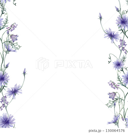 Square border or frame with blue wildflowers. Hand drawn watercolor illustration on isolated background. Summer floral pattern for frame or banner with chicory and bluebell and Mouse Pea Flowers. 130064576