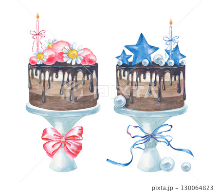 Two watercolor cakes for Baby Shower, blue and pink, are hand-drawn. The watercolor illustration is isolated on a white background. A template with festive desserts for a boy and a girl. 130064823