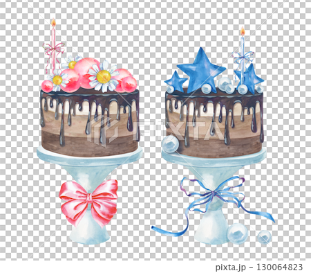 Two watercolor cakes for Baby Shower, blue and pink, are hand-drawn. The watercolor illustration is isolated on a white background. A template with festive desserts for a boy and a girl. 130064823